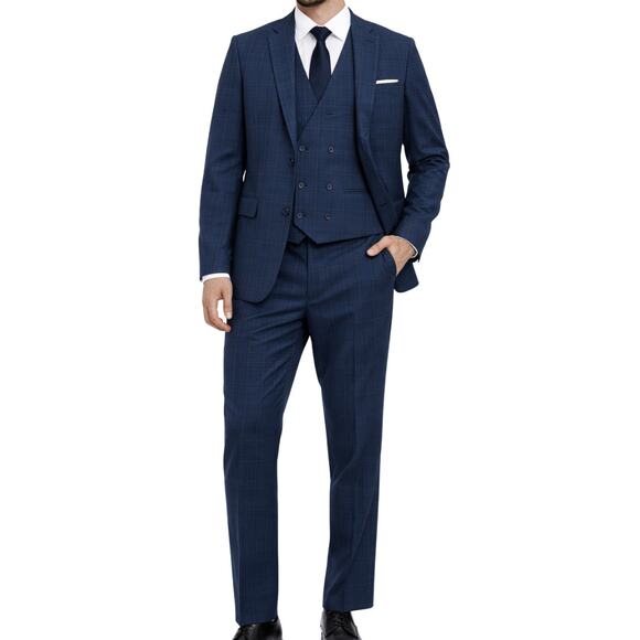 Statement Navy Blue Plaid 3 Piece Suit Blazer Pants Vest Size 40R 34R NEW Tags
